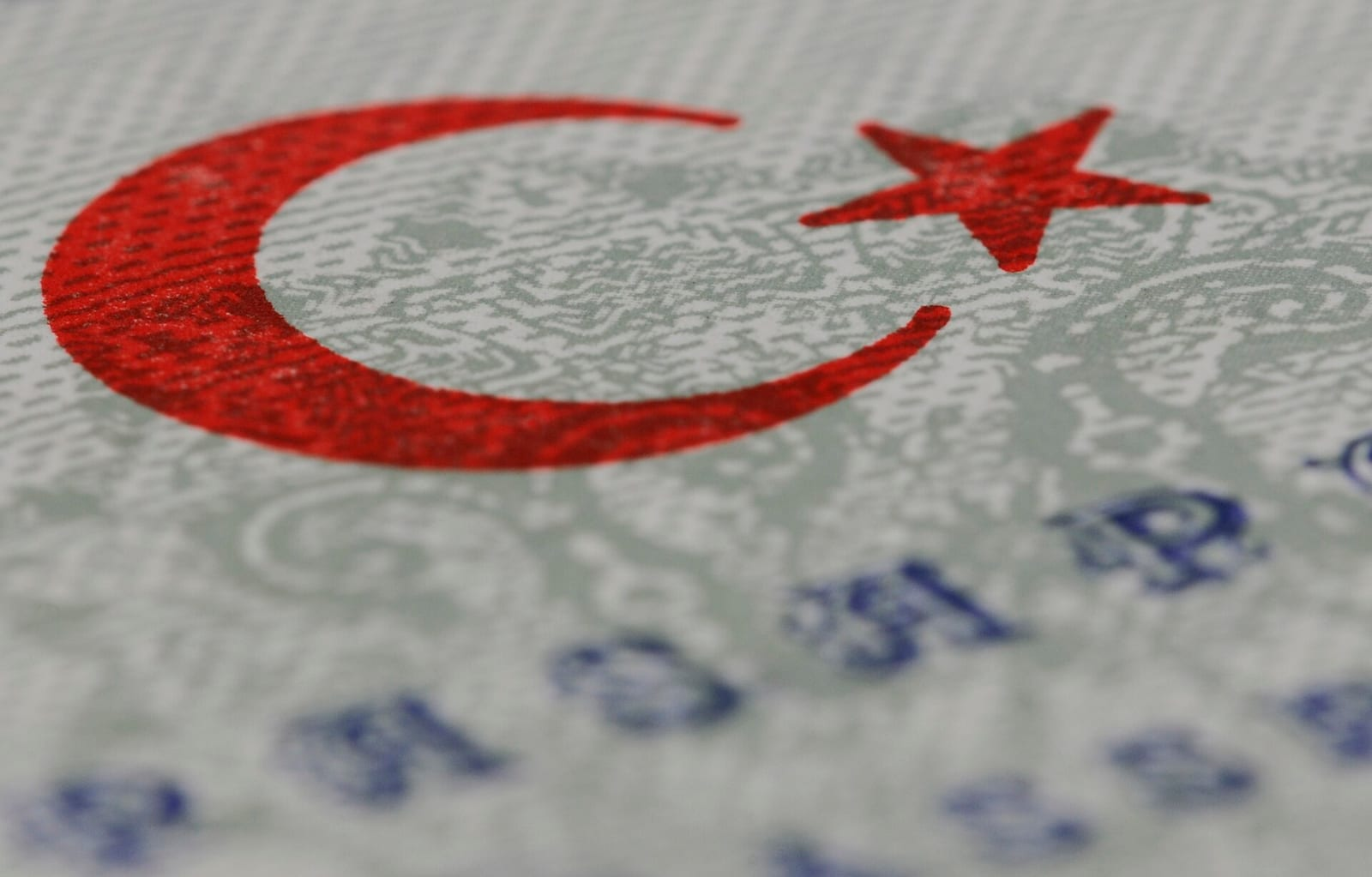 Türk pasaportunun bir sayfasında kırmızı hilal ve yıldız, altında soluk harfler.