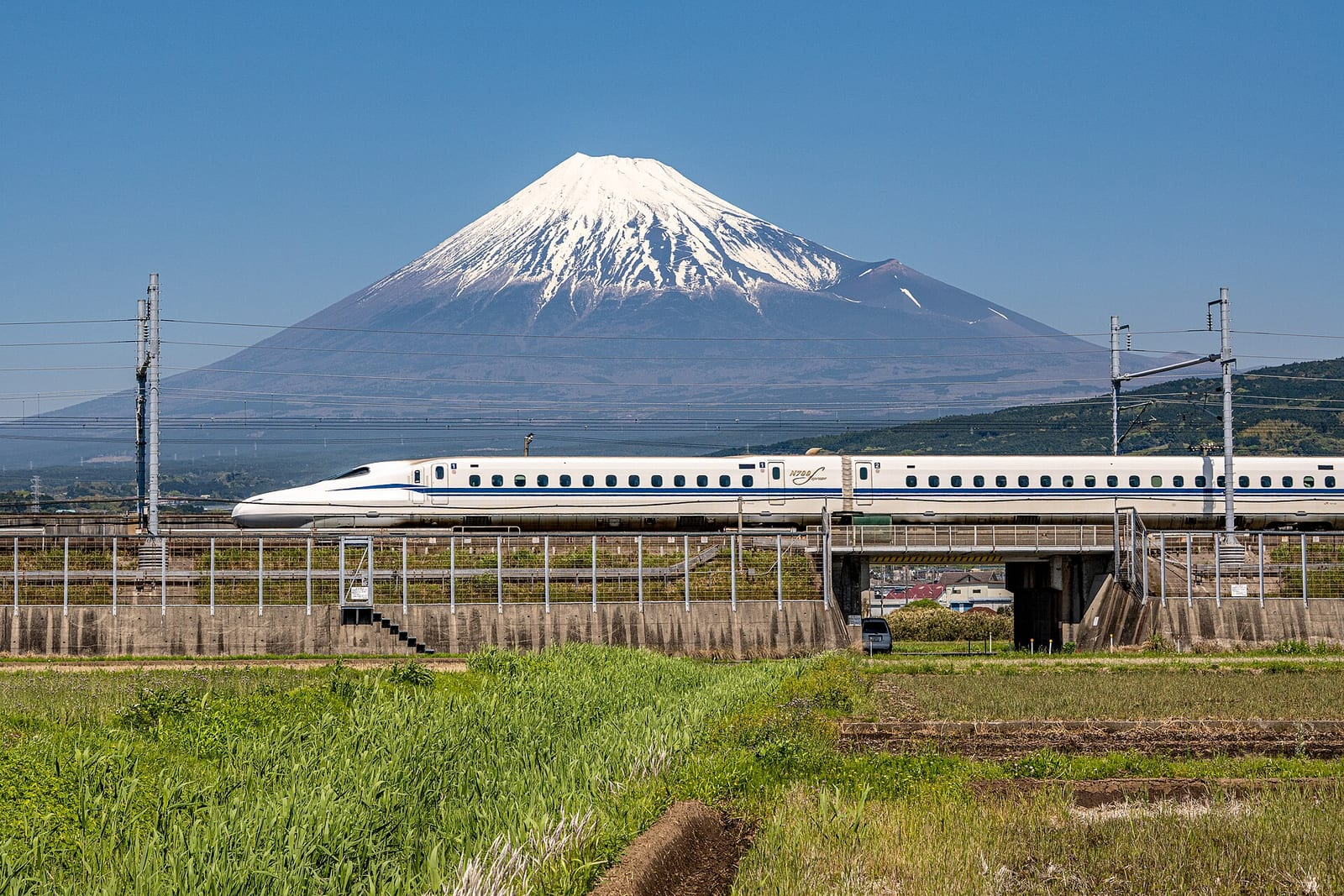 Mavi gökyüzü altında karlı Fuji Dağı'nın önünden yeşil tarlaların üzerindeki hızlı tren hattında geçen beyaz bir şinkansen treni.